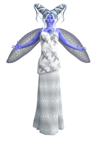 Fantasy blue skinned winter fairy woman in white dress, 3D Illustration.の写真素材