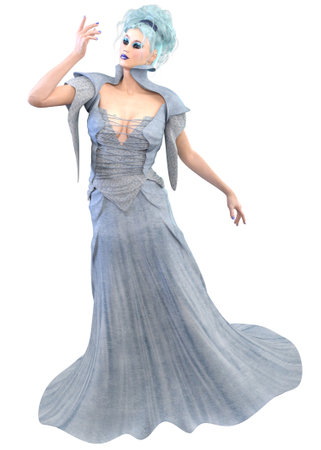 Fantasy woman with light blue hair, wear blue gown, 3D Illustration.の写真素材