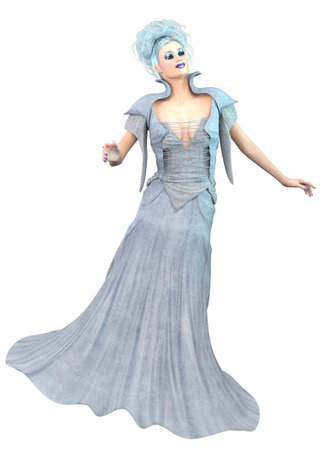Fantasy woman with light blue hair, wear blue gown, 3D Illustration.の写真素材