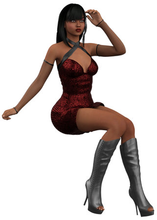 Young dark skinned girl in festive red sequin dress and high heels boots. 3D Illustration.の写真素材