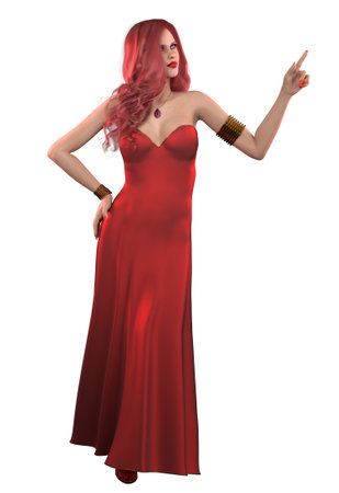 Young red haired woman in festive long red dress, 3D Illustration.の写真素材