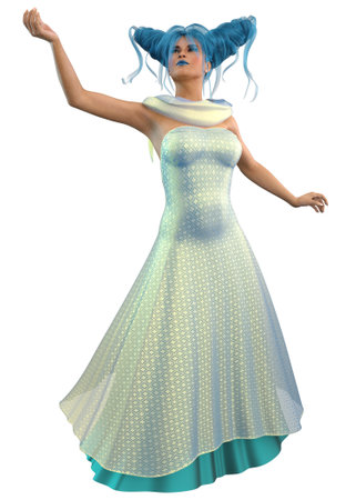 Fantasy mage, wizard woman with blue hair wears shining blue gown, 3D Illustration.の写真素材