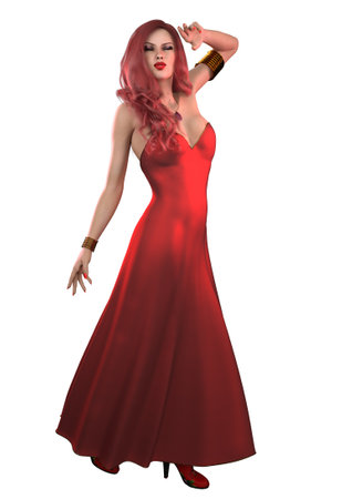 Young red haired woman in festive long red dress, 3D Illustration.の写真素材