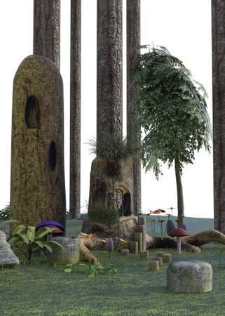 Fantasy fairy house in the tree stump, 3D Illustration.の写真素材