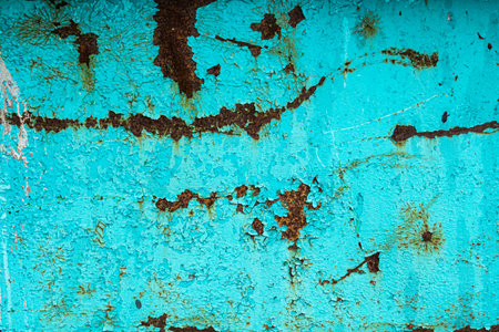 Texture of turquoise paint on rusty metal as abstract background.の写真素材