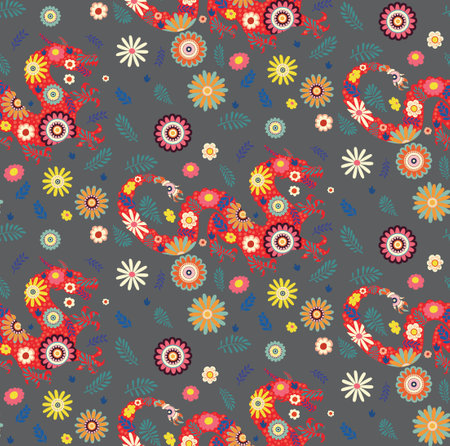 Decorative flowers and dragon silhouette, retro floral pattern design.のイラスト素材