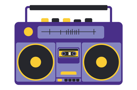 Retro radio recorder, boombox in violet and yellow color, simple flat style illustration.