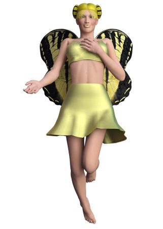 Fantasy fairy girl with yellow wings and hair, 3D Illustration.の写真素材