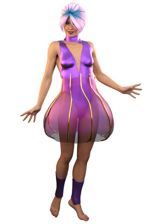 Fantasy girl dancing in purple outfit, 3D Illustration.の写真素材