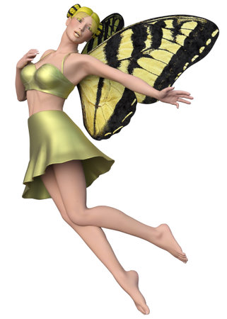 Fantasy fairy girl with yellow wings and hair, 3D Illustration.の写真素材
