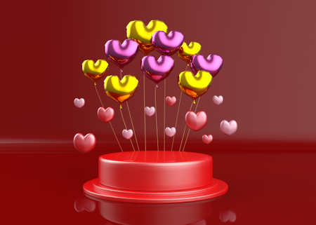 Decorative red pedestal with gold and pink heart shaped balloons, 3d Illustration.の写真素材