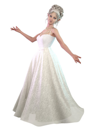 Fantasy elf woman in white ball gown, 3D Illustration.の写真素材