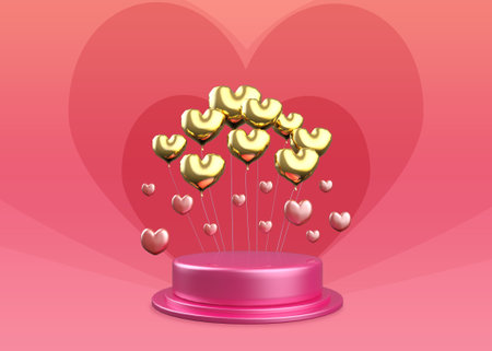 Decorative pink pedestal with golden heart shaped balloons, 3d Illustration.の写真素材