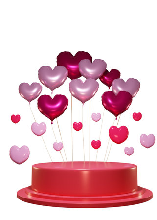 Decorative red pedestal with red and pink heart shaped balloons, 3d Illustration.の写真素材