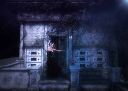 Woman in black gothic outfit and ancient building at night. 3D Illustration.の写真素材
