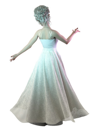 Fantasy elf woman in white ball gown, 3D Illustration.の写真素材