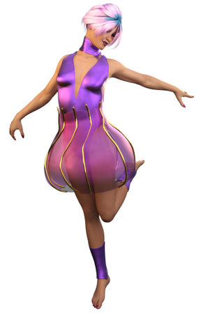 Fantasy girl dancing in purple outfit, 3D Illustration.の写真素材