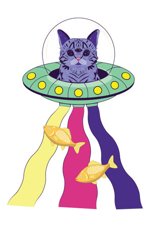 Abstract cartoon alien cat in flying saucer with goldfish.のイラスト素材