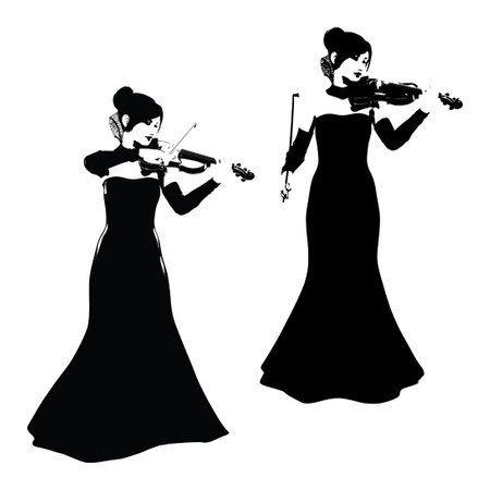 Female violin player, detailed black silhouette, abstract illustration.のイラスト素材