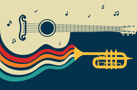 Retro acoustic guitar, trumpet and music notes.のイラスト素材