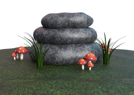 Fairy tale scene with three stones and mushrooms, 3D Illustration.の写真素材