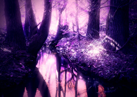 Trees and small river in the fantastic purple forest, photo manipulation.の写真素材
