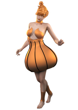 Woman dancing in orange fantasy dress, 3D Illustration.の写真素材