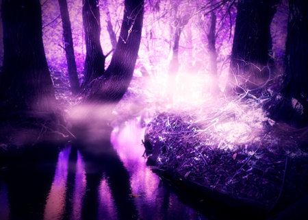 Trees and small river in the fantastic purple forest, photo manipulation.の写真素材
