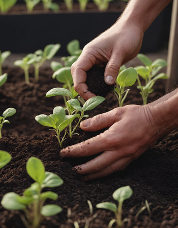 Gardener hands planting plant in soil. Agriculture, gardening or ecology conceptの素材