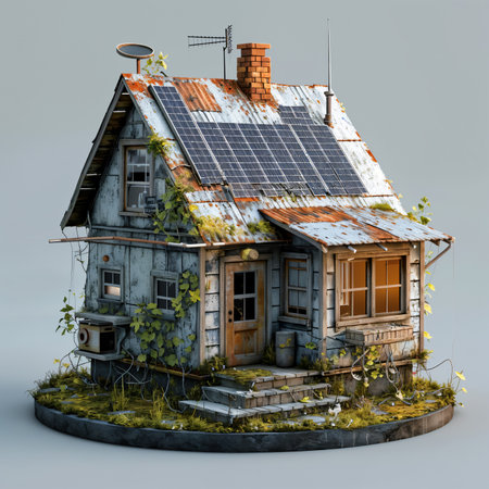3D Render of a Fantasy House with solar panels isolated on blackの素材