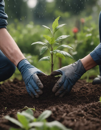 Gardener hands planting plant in soil. Agriculture, gardening or ecology conceptの素材