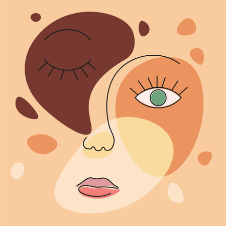 Contemporary abstract doodle line art human face and shapes, Picasso, Matisse style illustrationのイラスト素材