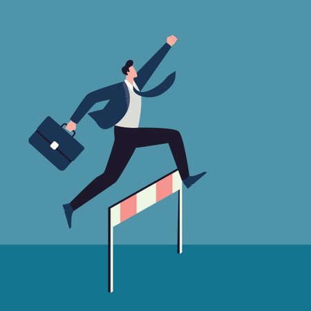 Ambitious businessman in suit jump over hurdle, flat illustration.のイラスト素材