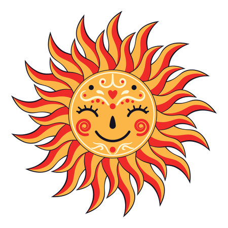 Cute cartoon decorative sun with smiling face closed eyes, simple illustration.のイラスト素材