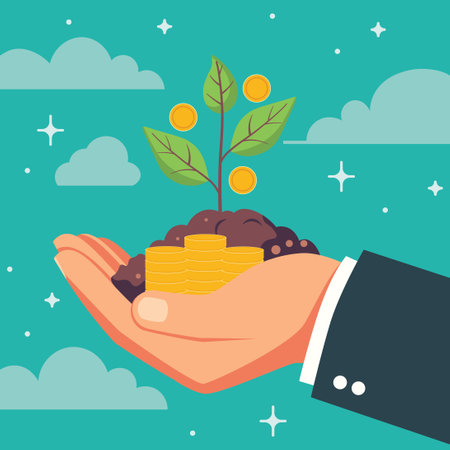 Human hand, businessman hand holds small green sprout in soil illustration.のイラスト素材