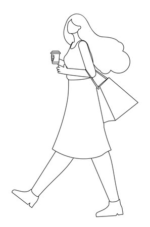 Illustration of a girl holding paper coffee cup and walk, line art style.のイラスト素材