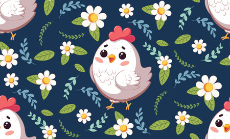 Cute cartoon happy white chicken with flowers and leaves, seamless pattern illustration.のイラスト素材
