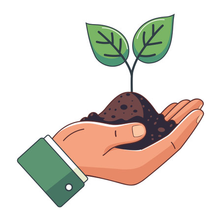 Ecology concept, male hand with soil and sprout with two green leaves.のイラスト素材
