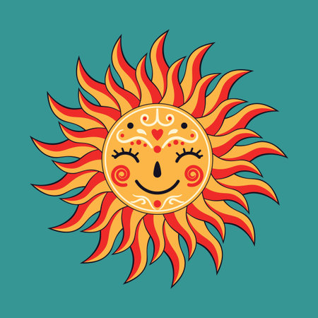 Cute cartoon decorative sun with smiling face closed eyes, simple illustration.のイラスト素材
