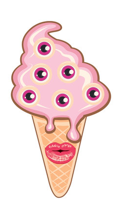 Retro pink ice cream cone with spooky eyeball and lips.のイラスト素材