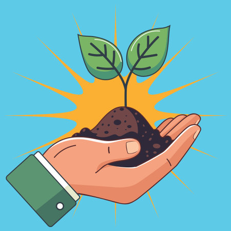 Ecology concept, male hand with soil and sprout with two green leaves.のイラスト素材