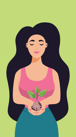Woman with closed eyes hold sprout and soil in her hands.のイラスト素材