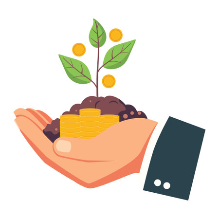 Human hand, businessman hand holds small green sprout in soil illustration.のイラスト素材