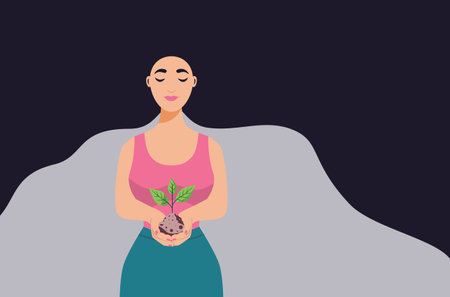 Woman with closed eyes hold sprout and soil in her hands.のイラスト素材