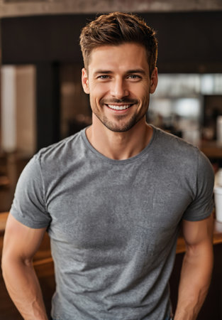 Young, handsome caucasian man smiling at the viewer, modern hairstyle, gray melange t shirt.の素材