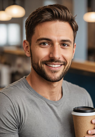 Young, handsome caucasian man smiling at the viewer, modern hairstyle, gray melange t shirt.の素材