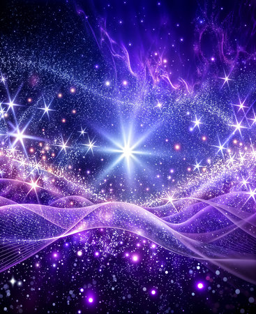 Abstract festive background with purple glitters and sparks.の素材