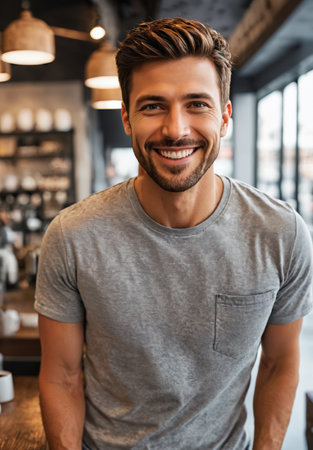 Young, handsome caucasian man smiling at the viewer, modern hairstyle, gray melange t shirt.の素材
