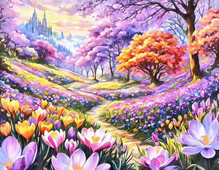 Greeting card or poster retro watercolor illustration with colorful crocus flowers.の素材