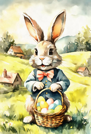 Greeting card or poster retro watercolor illustration with cute bunny and Easter eggs.の素材